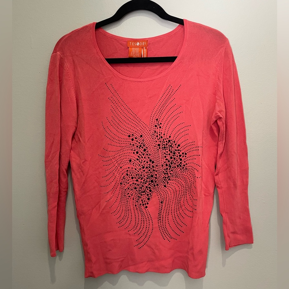 [Tesori] Women’s Coral Long Sleeve Top with Black 3D Jeweled Design - Size S